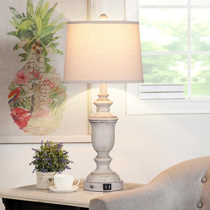 Farmhouse Table Lamps Set of 2 with USB Charging Port for Rustic Living Room Retro Bedroom,3-Way Dimmable Touch Lamp Resin Bedside Lamps for Nightstand Side End Table,Color 2