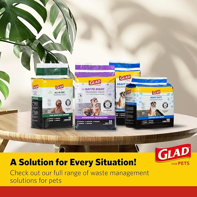 Glad for Pets Giant Activated Carbon Training Pads, 30 x 36 In, 24 Ct, 3-Pk | Adhesive backing and wall protection for leak-proof, super-absorbent day-to-night coverage