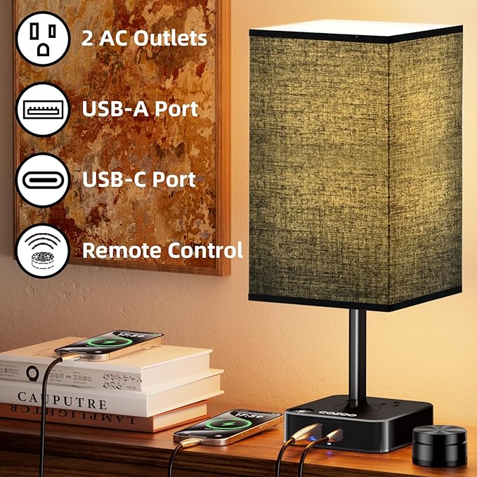 Table Lamp with Remote Operation Control for Bedroom,Dimmable Bedside Table Desk Light with USB C+A Charging Ports 2 AC Outlets,Nightstand Lamp White Shade Lamp for Living Room,Dorm,Home Office,Decor