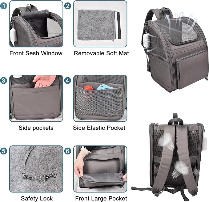 Jespet Pet Backpack Carrier for Small Dog, Puppy, Soft Carrier Backpack Ideal for Traveling, Hiking, Walking and Outdoor Activities with Family (4-Grey)