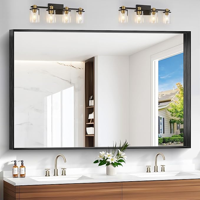 Black Bathroom Mirror, 36x48 Inch Rectangular Deep Frame Mirror, Large Wall