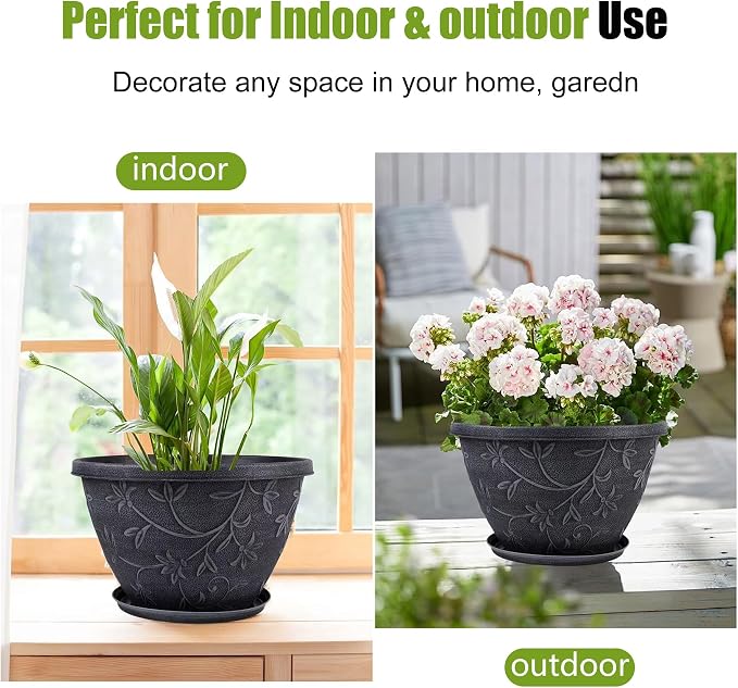 Nooulap 4 Pack 10 Inch Flower Pots for Outdoor Indoor, Plastic Plant Pots with Drainage Hole & Saucer, Lightweight Small Resin Flower Pot, Outdoor Planters Imitation Magnolia for Garden House(Gray)
