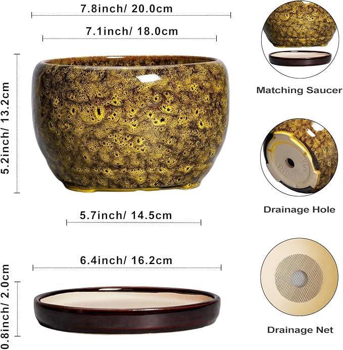 SQOWL Ceramic Flower Pots - 8 inch Ceramic Planter for Indoor Plants, Decorative Plant Pots with Drainage Hole and Saucer, Round Planter Outdoor, Porch Backyard Decor, Housewarming Gifts, Yellow