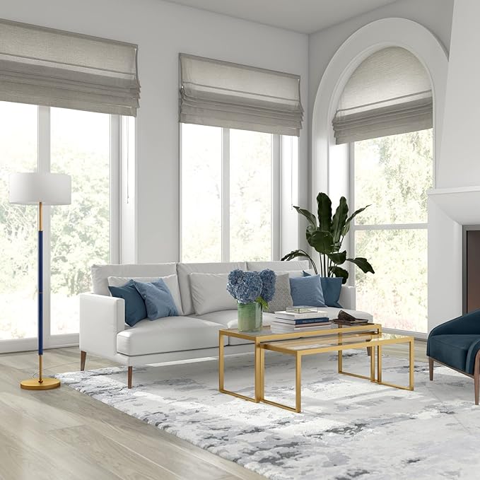 Henn&Hart 2-Light Floor Lamp with Fabric Shade in Blue/Brass/White, Floor Lamp for Home Office, Bedroom, Living Room