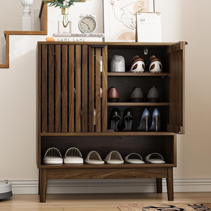 Shoe Cabinet with Slatted Doors, 4 Tier Freestanding Shoe Cabinet Storage