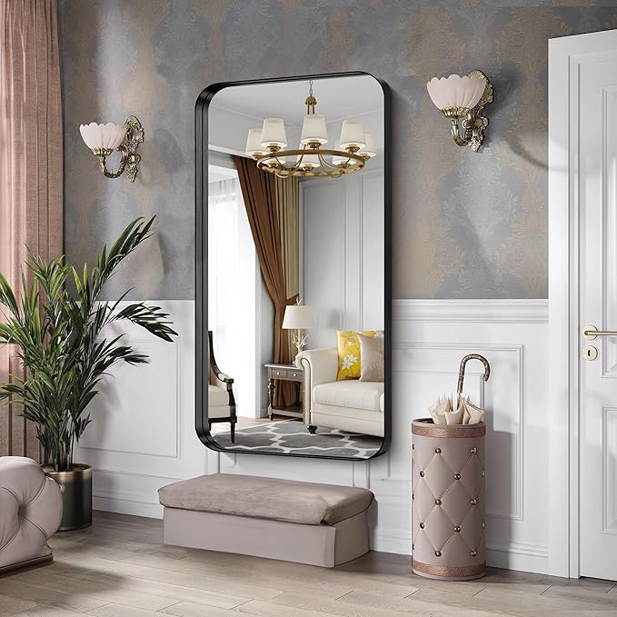 CIRCUMI Black Bathroom Mirror, Rounded Corner, Tempered Glass, Large Mirror