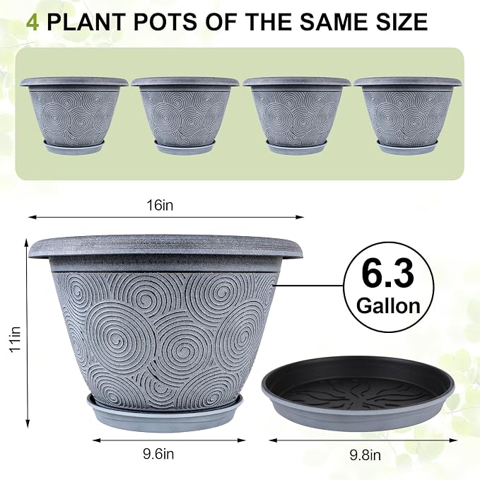 16 Inch Large Planter Pot for Plants Indoor Outdoor, 4 Pack Plastic Flower Pots with Drainage Hole & Tray, Modern Decorative Garden Pot with Saucer, Plant Container for House