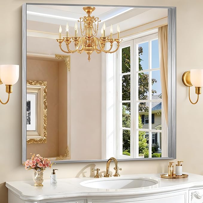 CIRCUMI Silver Bathroom Mirror, Brushed Finish, Tempered Glass, Mirror