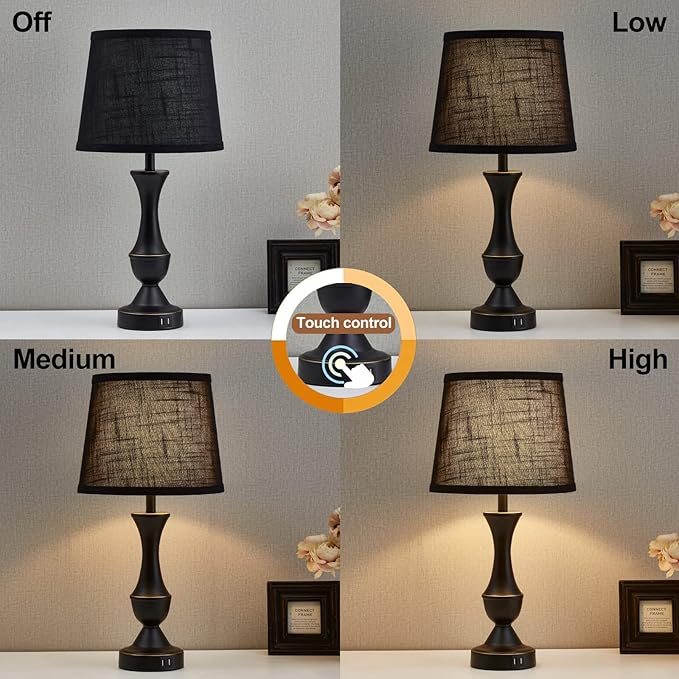 Luvkczc Black Touch Table Lamps Set of 2, 22" Tall Bedside Lamps with USB C+A Charging Ports, Nightstand Lamps for for Bedroom, Living Room, Office, with Black Lampshade, LED Bulb Included