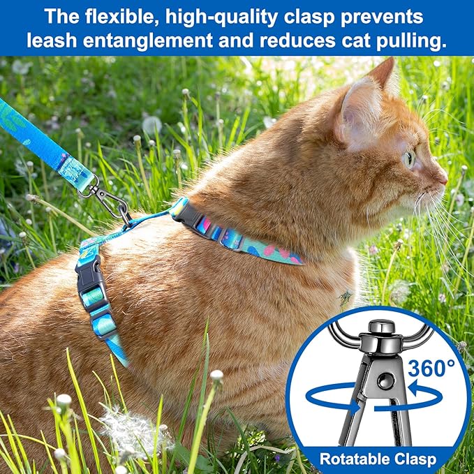 Cat Harness and Leash Set with Matching Collar – Escape Proof Harness for Cats, Adjustable & Lightweight, Tropical Hawaiian Leaf Print, Easy Wear for Outdoor Walking & Training