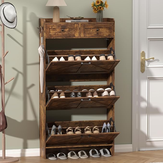Shoe Cabinet with 3 Flip Drawers & 2 Storage Drawers, Rustic Farmhouse Narrow