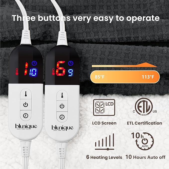 Heated Blanket Electric Blanket King Waffle, 90x100 Inches Dual Controllers