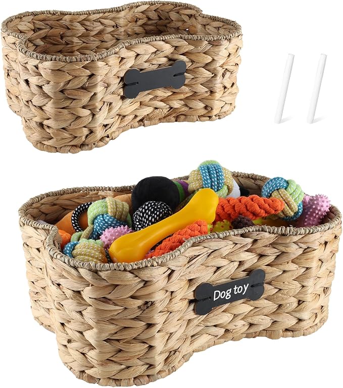 Set Of 2 Pet Dog Toy Basket-Dog Bone Basket-Wicker Basket for Pet Stuff-Dogs Toy Box for Living Room Area-Handmade Water Hyacinth Baskets with DIY Tag 
