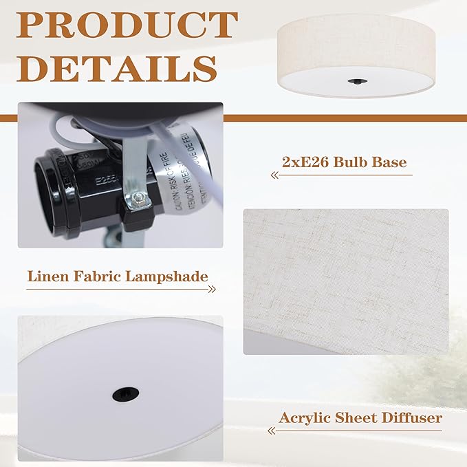 12.6 Inch Flush Mount Ceiling Light 2-Light Drum Modern Black Light Fixture Ceiling Light Fixture Close to Ceiling Light Fixture with Fabric Shade for Living Room Hallway Entryway Kitchen Bedroom