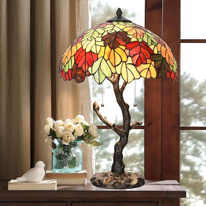 TL0032 Maple Leaves Tiffany Table Lamp Bedside Stained Glass Shade Reading Desk Light 16 X 24.25 Inches for Bedroom Living Room Home Office, LED Blubs Included (TL0032 Maple Leaves)