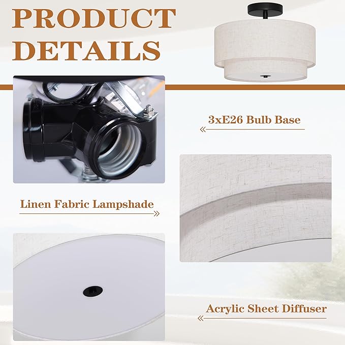 3 Light Semi Flush Mount Ceiling Light Fixture 15.7 Inch Modern Black Drum Ceiling Light Fixture with 2-Layer Fabric Shade Dimmable Close to Ceiling Light for Living Room Hallway Bedroom Entryway