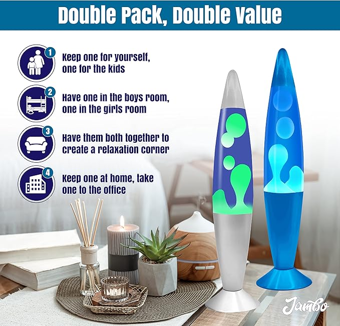 JAMBO 2 Pack- 16" Beautiful Lamp- Silver with Yellow/Green Wax and Blue with Blue/White Wax, Relaxing Liquid Lamp, Night Light Nightlight, Lamps for Adults Teens Kid