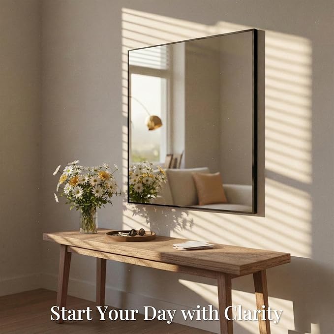 30''x30'' Square Black Bathroom Mirror, Matte Metal Framed Wall Mirror