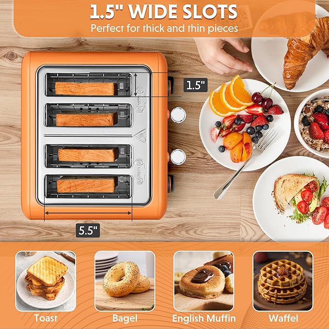 BUYDEEM DT640 4-Slice Toaster, Extra Wide Slots, Retro Stainless Steel
