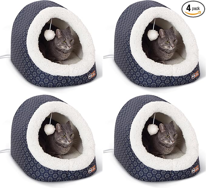 K&H Pet Products Thermo-Pet Cave Heated Cat Bed for Large Cats, Indoor Heated Warming Bed for Dog & Cat, Covered Cave Pet_Tent, Collapsible,Machine Washable,Safety Listed-17X15X13in Navy (Pack of 4)