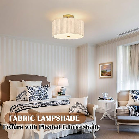 3-Light Semi Flush Mount Lights Fixture Drum Ceiling Light with Pleated Fabric Shade Gold Semi Flush Mount Ceiling Lights 15.7 Inch Close to Light Fixtures for Living Room Hallway
