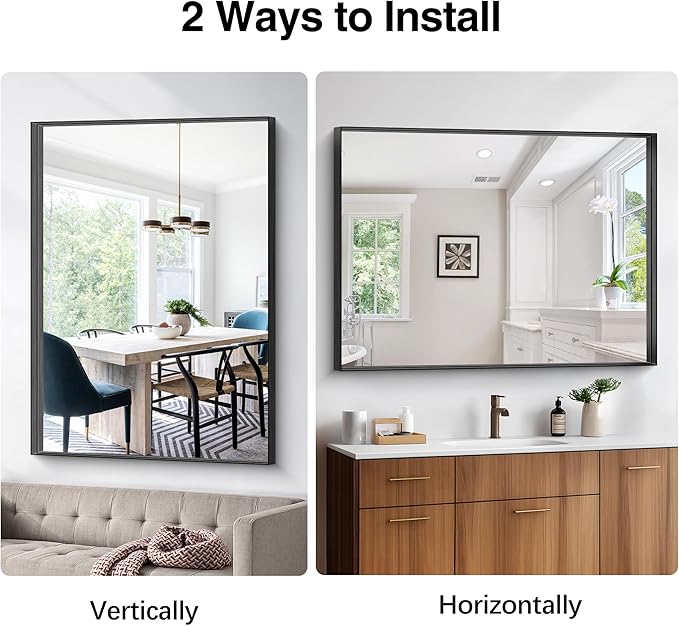 Black Bathroom Mirror, 36x48 Inch Rectangular Deep Frame Mirror, Large Wall