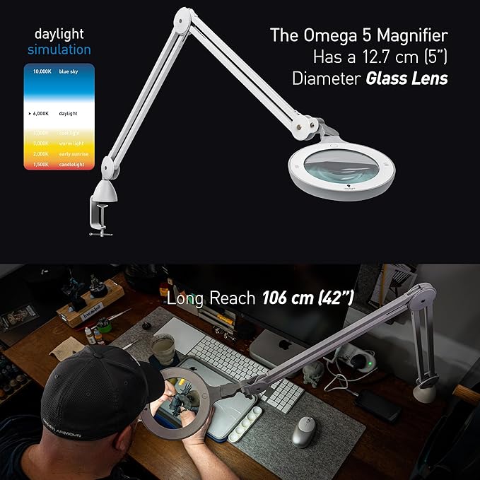 Omega 5 - Premium LED Magnifying Lamp with Interchangeable Glass Lenses, Adjustable Arm, and Dimmer Switch for Professionals in Health & Beauty, Model Making, and Low Vision Applications