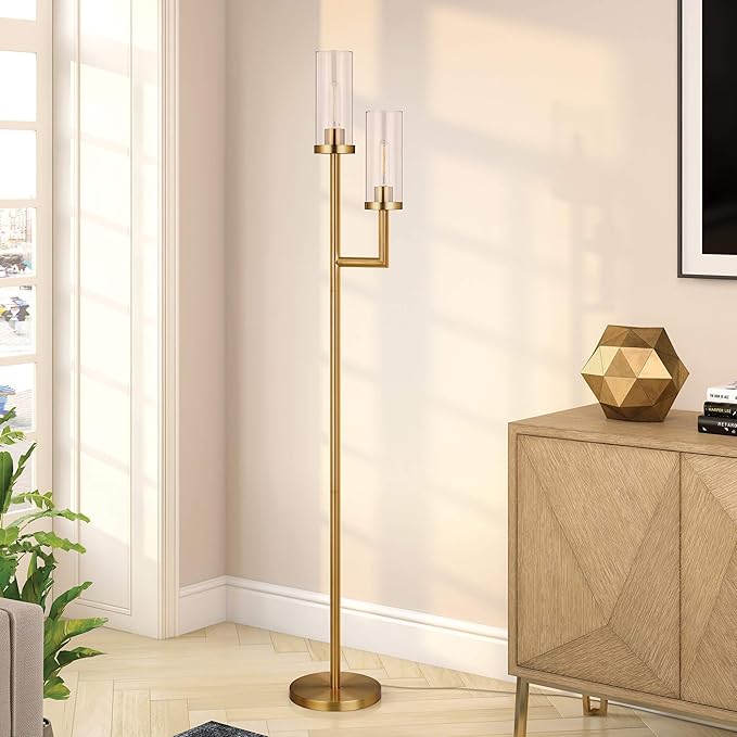Basso 2-Light Torchiere Floor Lamp with Glass Shade in Brass/Clear
