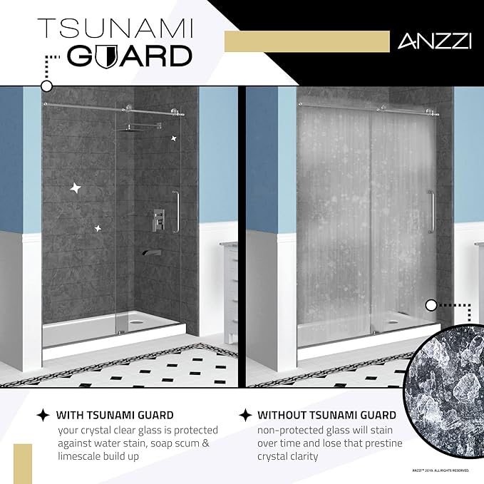 ANZZI 70" x 24" Frameless Shower Door in Matte Black, Water Repellent Glass