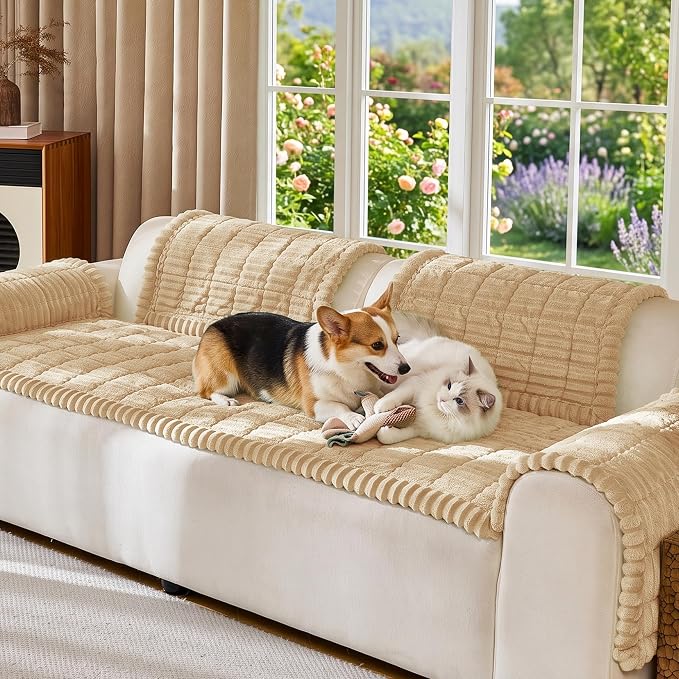 FUANGUI Waterproof Couch Cover Sofa Cover for Dogs and Pets Sofa Protector | Non-Slip Washable Fuzzy Soft Cat Bed Sofa Slipcover for 2-3 Cushion Couch Sofa Pet Friendly, Khaki, 27.6" x 82.7", 1 pcs