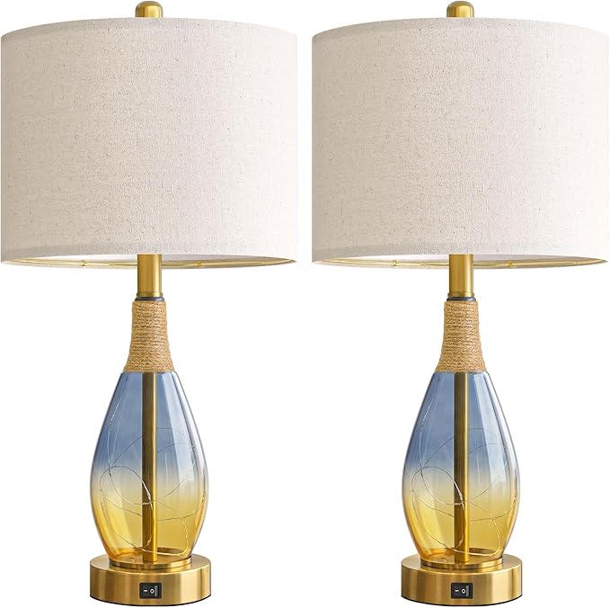 OYEARS 23" Table Lamps for Living Room Set of 2,Bedside Lamps for Night Stands, Rattan Lamps for Bedroom,Farmhouse Lamps with Glass Nightlight,Two Light Points