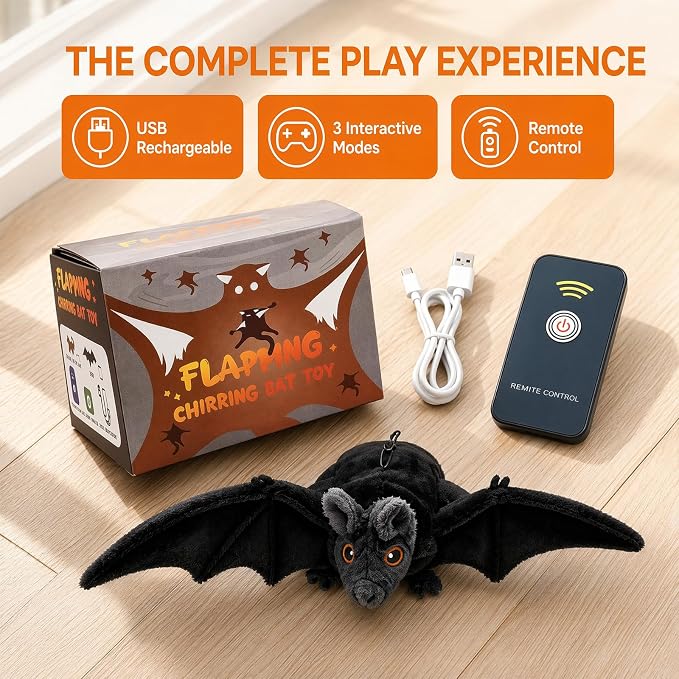 Interactive Flying Bat Dog Toy, Flapping Wings Cute Bat for Indoor Cats & Dogs, Automatic Flapping Wings with Chirping Sounds, Touch Activated, Rechargeable for Solo Play,Manual Switch