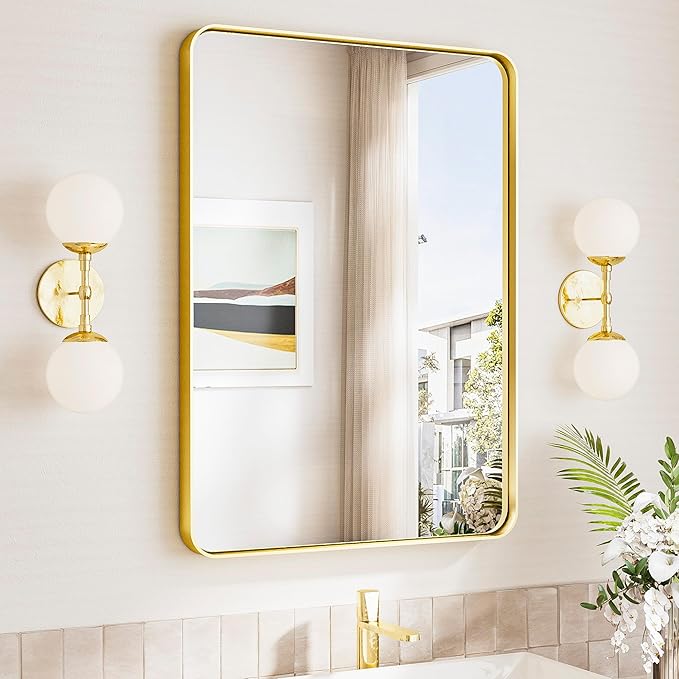TokeShimi Gold Bathroom Mirror 22x30, HD Tempered Glass, Brushed Gold Bathroom