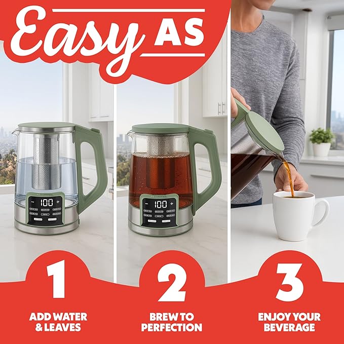 Gourmia Electric Programmable Glass Kettle – 1.7L Temperature Control Tea &