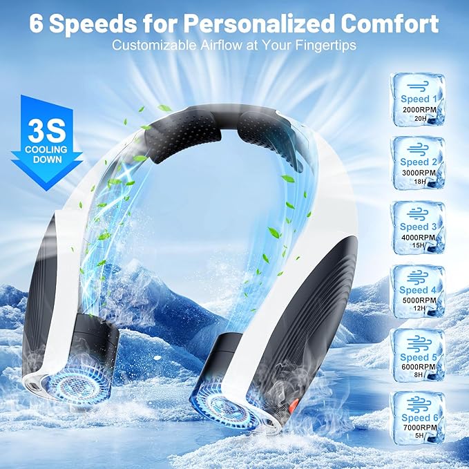 AI Portable Neck Fan with 6 Powerful Speeds, 8000mAh Battery Operated USB-C