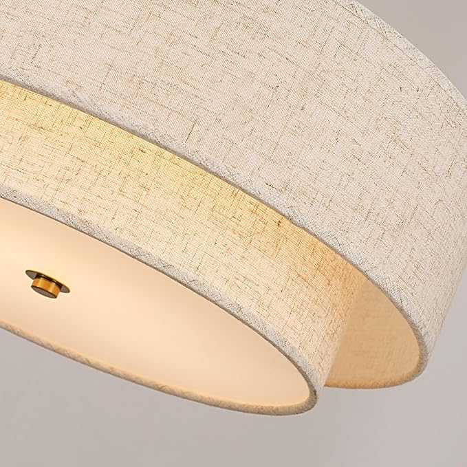 18" Semi Flush Mount Ceiling Light with Fabric Lampshade Modern Drum Ceiling Lamp Gold Ceiling Light Fixture for Dining Room Kitchen Bedroom Living Room