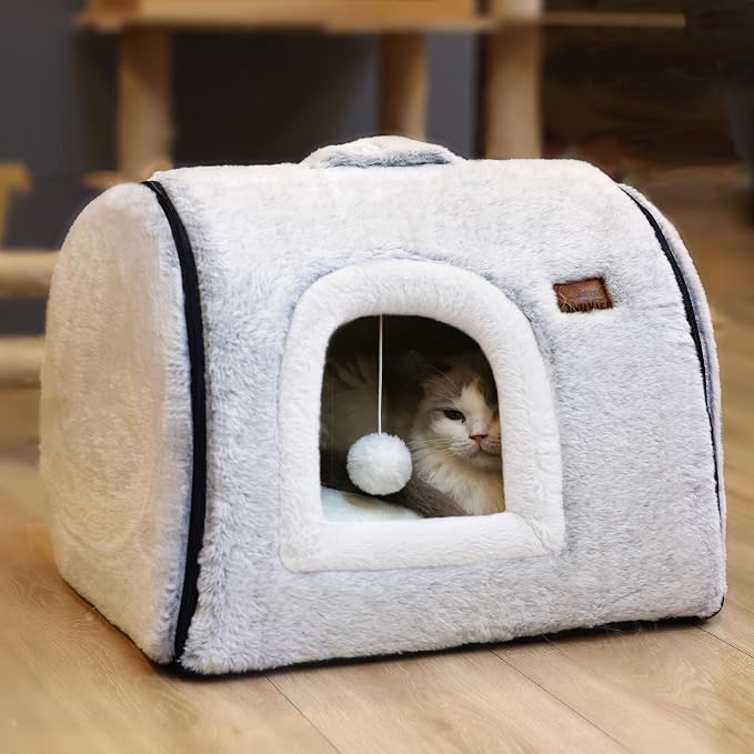 cat Bed cave-cat beds for Indoor Cats,Soft and Comfortable Cute Pet Bed,cat House,with Removable Washable Cushioned Pillow,Enclosed cat Bed,Kitty pet hut、Hideaway,Small Large Dog Tent (Grey)