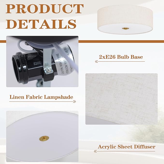12.6 Inch Flush Mount Ceiling Light Gold Ceiling Fixture 2-Light Drum Modern Lights Close to Lights Fixture with Fabric Shade for Living Room Hallway Entryway Bedroom