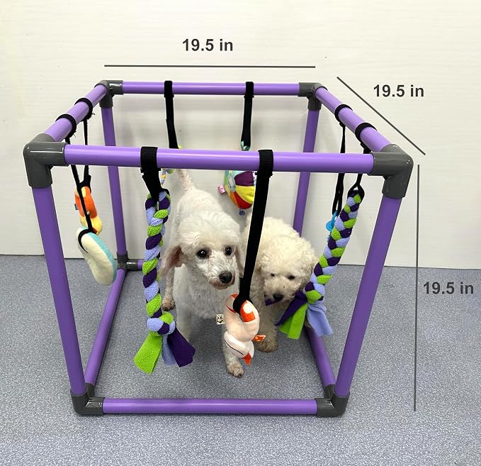 Puppy Play Gym for small dogs with 8 Hanging Interactive Toys Indoor Play | Funny Enrichment Jungle Playground to Keep Them Busy,with Bungee Straps for self-play,19.5*19.5*19.5in