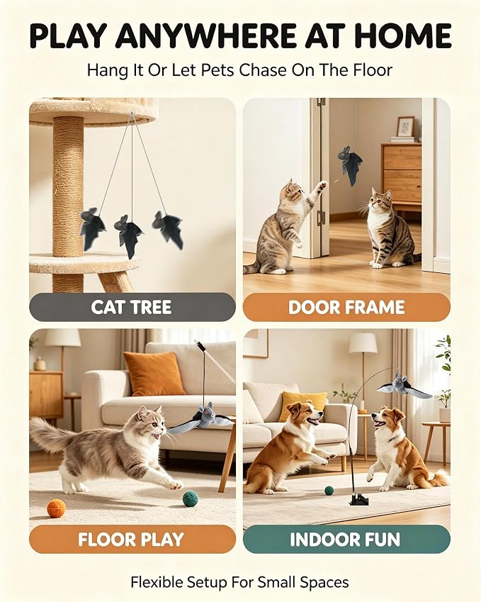 Flying Bat Dog Toy, Interactive Flying Bat Toy for Dogs with Flapping Wings, Chirping Sounds, USB Rechargeable, Touch Activated, Hanging or Floor Toy for Dogs, Puppies and Cats to Reduce Boredom,3 PCS