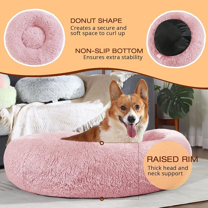 JOLLYVOGUE Dog & Cat Bed, Calming Anti-Anxiety Pet Bed for Small Dogs, Fluffy Donut Cushion for Small and Medium Pets (20")