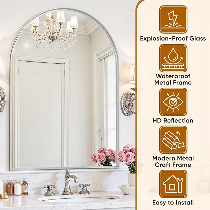 Arched Mirror 24"x36", Bathroom Mirror, Wall Mounted Vanity Mirror