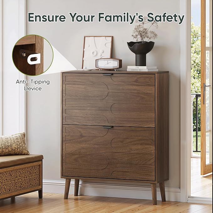 Shoe Cabinet with 2 Flip Drawers, Freestanding Shoe Storage Cabinet with Fluted