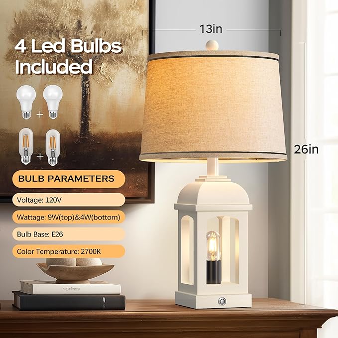QiMH Table Lamp for Living Room, Farmhouse Lamps Set of 2 with USB A+C and Nightlight, 26" Rustic Bedside Lamps with 3-Way Dimmable, Touch Nightstand Lamp for Bedroom, White