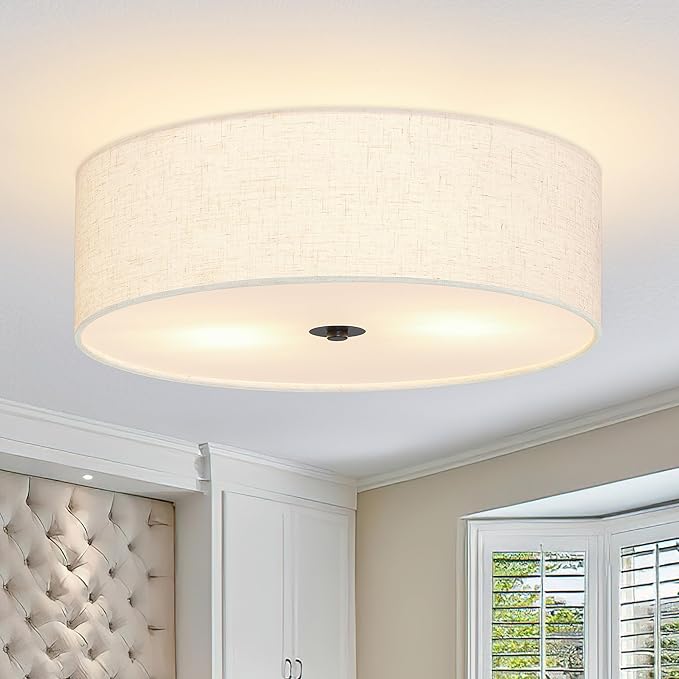 15.7 Inch 3-Light Drum Modern Black Ceiling Light Fixture Flush Mount Ceiling Light Fixture Dimmable Close to Ceiling Light Fixture with Fabric Shade for Living Room Hallway Entryway Bedroom