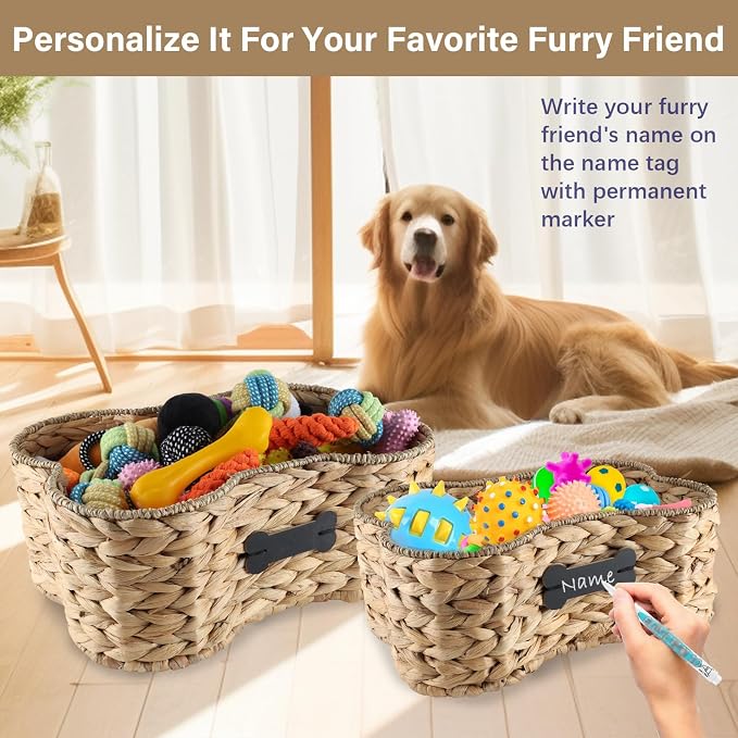 Set Of 2 Pet Dog Toy Basket-Dog Bone Basket-Wicker Basket for Pet Stuff-Dogs Toy Box for Living Room Area-Handmade Water Hyacinth Baskets with DIY Tag 