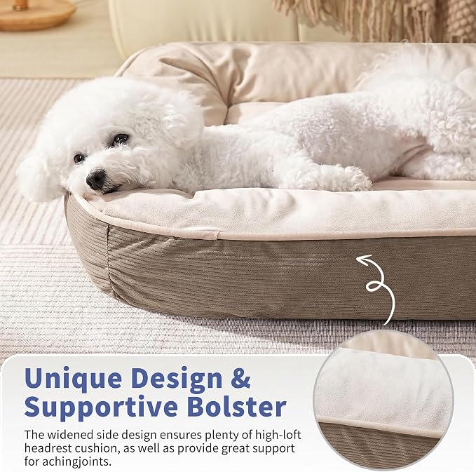 FAIRYPET Deluxe Plush Dog Beds for Medium to Large Dogs, 3D Crimped Siliconized Hollow Fiber Fill,Soft Breathable,Washable Dog Bed, Plush Faux Fur & Corduroy,Durable Pet Bed with Anti-Slip Bottom