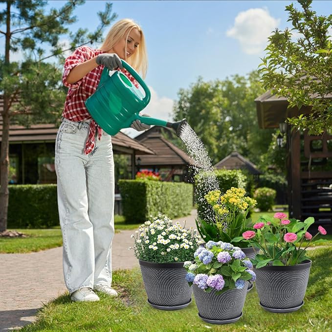 Quarut 4 Pack 8 Inch Flower Pots Planters for Outdoor Indoor, Plastic Plant Pots with Drainage Hole & Tray, Modern Decorative Garden Pot with Saucer, planters for House (Gray)