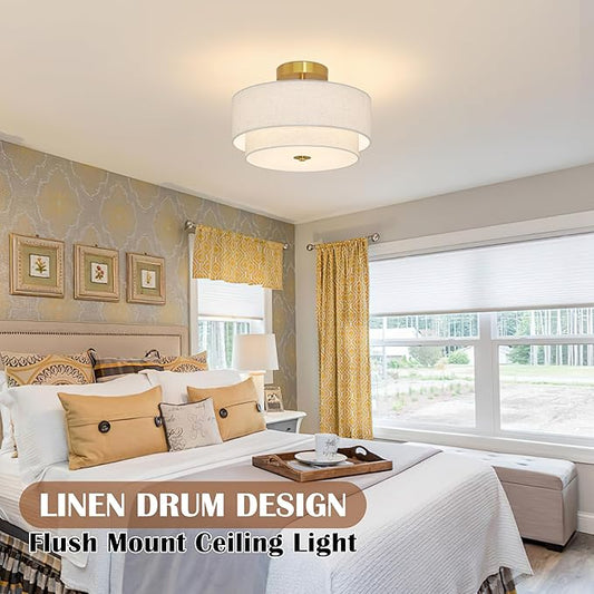 2 Light Semi Flush Mount Ceiling Light Fixture 12.6 Inch Modern Gold Drum Lights Fixture with 2-Layer Fabric Shade Dimmable Close to Ceiling for Living Room Hallway Bedroom Entryway