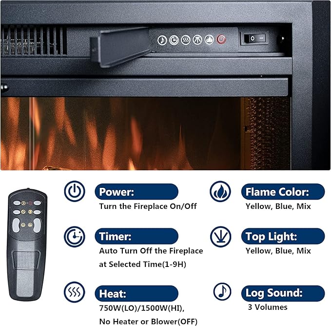 29 Inches Electric Fireplace Insert, 750W/1500W Fireplace Heater